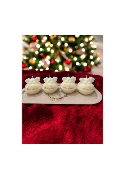 4 Lü Beyaz Yuvarlak Chrismas Top Mum 7,6 Cm Çap 8 Cm Yükseklik