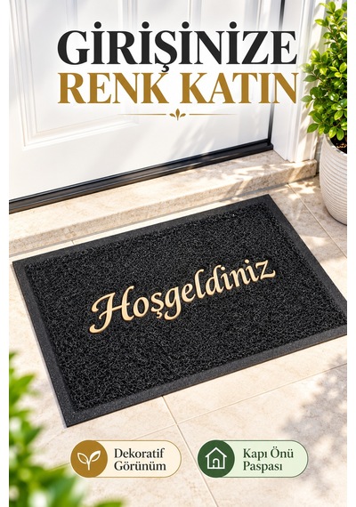 Siyah 40x60 Cm Hoşgeldiniz Yazılı Kapı Önü Paspası Kıvırcık Dokulu Altın Yazılı Dekoratif Ev Paspası