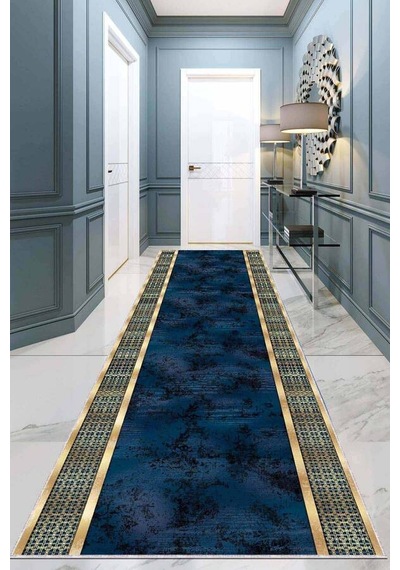 Lacivert Gold Kaymaz Çerçeveli Özel Ölçü Rulo Yolluk Ar721n11 Gold - Lacivert