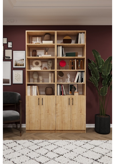 Asra Trend K-40 %100 MDF 120 cm 2 Modüllü Kapaklı Kitaplık Raflı Kütüphane Safir Meşe