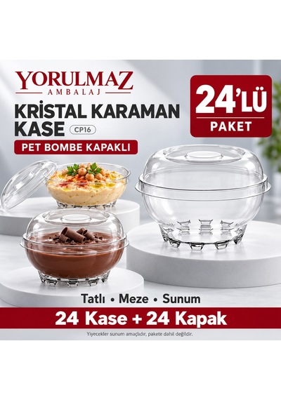24 Lü Kristal Karaman Kase Cp16 Pet Bombe Kapaklı Şeffaf Plastik Tatlı Ve Meze Sunum Kabı