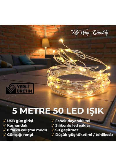Upway 5 Metre Günışığı Kumandalı 50 Led Işık - Usb Dekoratif Aydınlatma Sarı