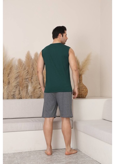 Seboteks %100 Pamuklu Kolsuz Cepli Erkek Şortlu Pijama Takımı 2011 Haki