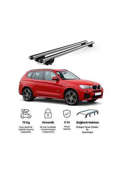 Kanca Bmw X3 2010-2017 Uyumlu Gri Kilitli Ara Atkı 120cm Port Bagaj Tavan Barı