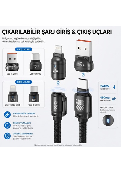 Bix 5ın1c-bk 1.5 Metre Siyah 240w Usb-a Ve Type C Ve Lightning Çok Fonksiyonlu Yüksek Hızlı Şarj Ve Data Kablosu, Çok Uçlu Şarj Kablosu Tüm Type C/lightning Telefon Ve Tabletlerle Uyumludur