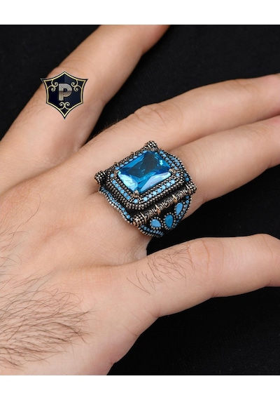Aquamarine Taşlı Zirkon Taş Süslemeli 925 Ayar Gümüş Erkek Yüzüğü