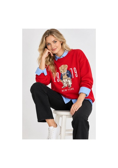 Mevese Kadın Beyaz Teddy Nakışlı Bisiklet Yaka Sweatshirt - Peluş Kabartma Nakış Detaylı Rahat Kesim Sweat- Kırmızı