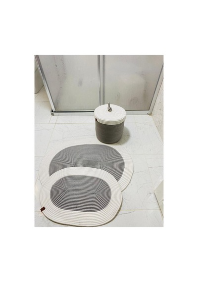 Jüt,hasır, 3 Lü Banyo Paspas Takımı, Bohem Tarzı Banyo Takımı,iskandinav Paspas/sepet Krem Gri Krem Gri