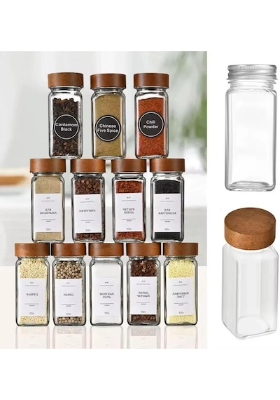 12'li Bambu Ve Akasya Kapaklı Cam Baharatlık Seti 120 Ml - Doğal Ahşap Kapaklı, Şeffaf Cam, Sağlıklı Ve Şık Baharat Kavanozları Akasya Kapak Çok Renkli