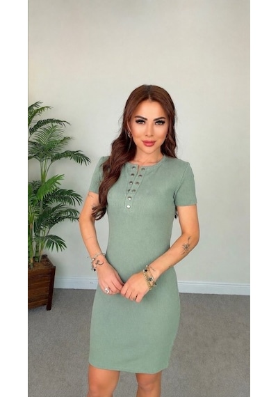 De'charme Kadın Kısa Kollu Yuvarlak Yakalı Düğmeli Kısa Kaşkorse Elbise Yeşil