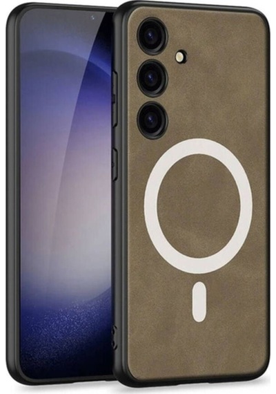 Galaxy S24 Kılıf M-safe Şarj Özellikli Deri Tasarımlı Zore Kıpta Nubuk Kapak Kahverengi