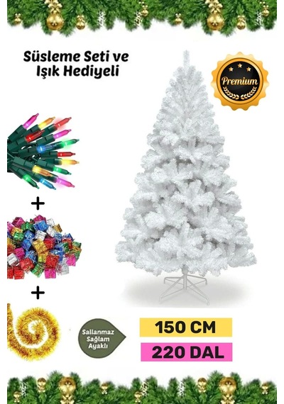 Premium Süsleme Set Yılbaşı Beyaz Çam Ağacı Renkli Işığı Yeni Yıl Süsleri Noel Paketi 150 Cm 220 Dal