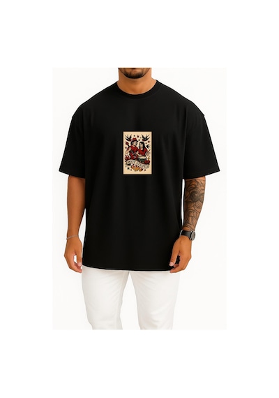 Bahriyeli Collection Oversize Whte Stripes Göğüs Baskılı Unisex T-shirt Siyah