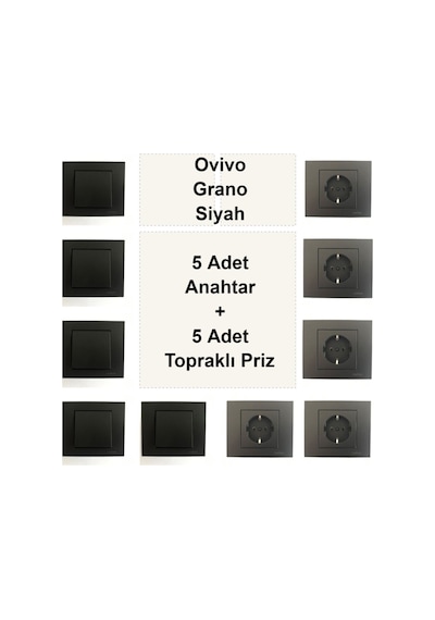 Ovivo Grano Siyah 5 Adet Anahtar + 5 Adet Topraklı Priz