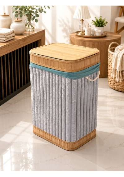 Bambu Üzeri Peluş Kaplama Çamaşır Sepeti - Gri-7499 Çok Renkli