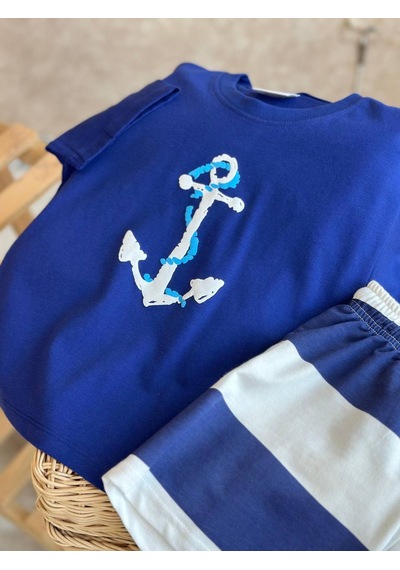 Erkek Çocuk Pamuklu Kumaş Çapa Baskılı Pamuklu Tshirt Ve Çizgili Şort Alt Üst Takım Lacivert Erkek Çocuk Pamuklu Kumaş Çapa Baskılı Pamuklu Tshirt Ve Çizgili Şort Alt Üst Takım Lacivert