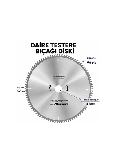 Daire Testere Bıçağı Diski 305x30 Mm 96 Diş Profesyonel Ahşap Kesim Sert Metal Uçlu Testere Diski