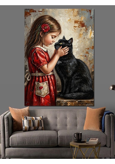 Kız Çocuğu Ve Kara Kedi Dekoratif Kanvas - Mdf Ahşap Tablo