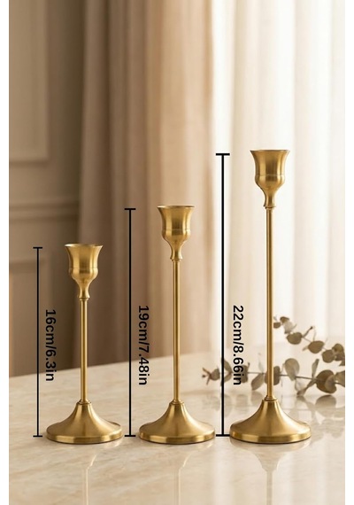 Vintage Metal Şamdan 3'lü Set, Altın Renk, Paslanmaz Çelik, Çizilmeye Dayanıklı, Dekoratif Mumluk, Minimalist Tem Çok Renkli