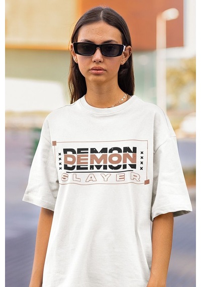 Demon Slayer Baskılı Unisex Oversize Anime Tişört Beyaz