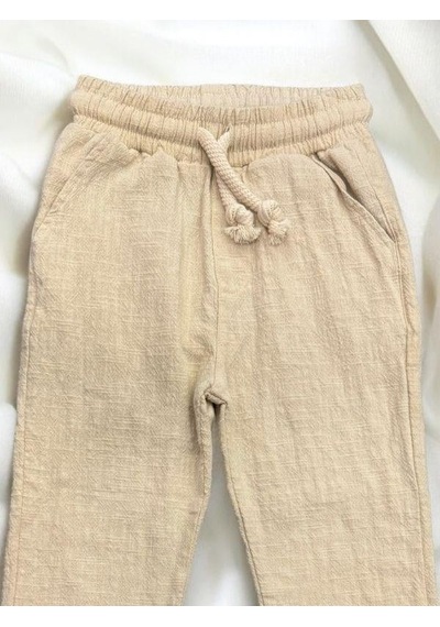 Nanica Kids Erkek Bebek Keten Beli Lastikli Bol Paçalı Pantolon-14077 Bej