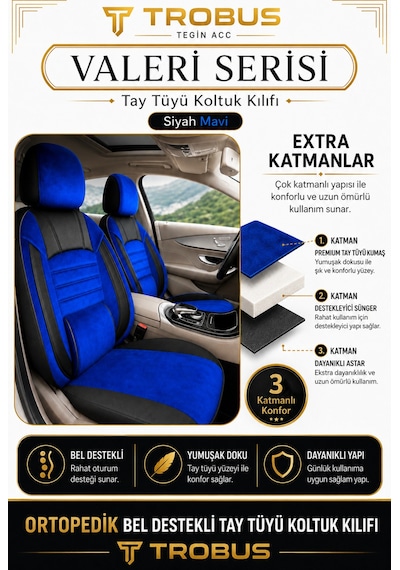 Bmw 3 Serisi E36 1993-2000 Uyumlu Valeria Serisi Mavi Siyah Bel Destekli Tay Tüyü Koltuk Kılıfı
