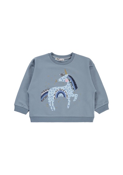 Civil Girls Civil Kız Çocuk Unicorn Baskılı Sweatshirt 2 İp Uzun Kol Okul Kreş Ve Günlük Kullanım - Mavi