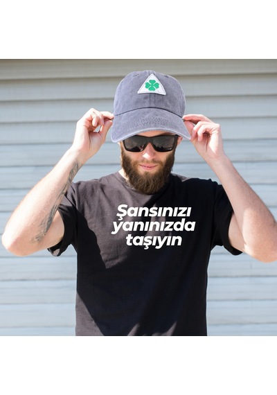 Perlotus Vintage Yıkamalı Pamuk Şapka Dört Yapraklı Yonca Nakışlı Gri Gri