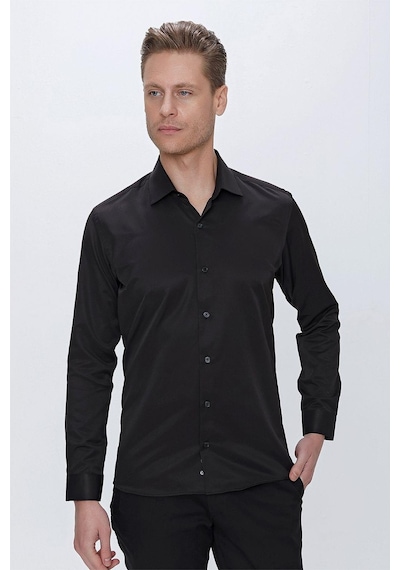Efor Slim Fit Pamuk Saten Klasik Siyah Gömlek Gk 624 Siyah