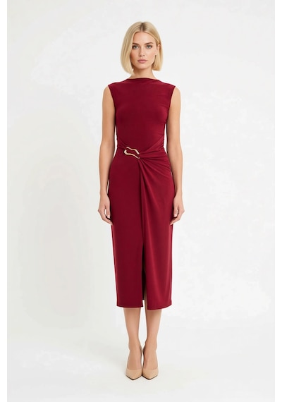 Benerly Kadın Bodycon Midi Elbise Kolsuz Kayık Yaka Aksesuar Detaylı Örne Bordo Benerly Kadın Bodycon Midi Elbise Kolsuz Kayık Yaka Aksesuar Detaylı Örne Bordo