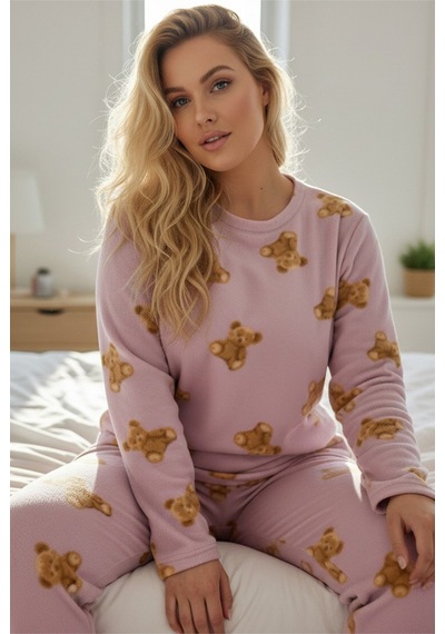 Siyah İnci Büyük Beden Polar Kışlık Örme Pijama Takım 25222586 Pembe