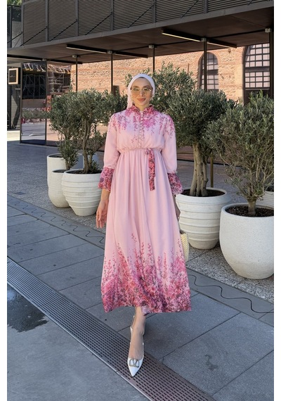 Riella Butik Çiçek Desenli Tesettür Elbise Pembe