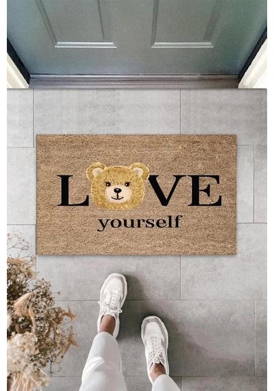 Kahverengi Kapı Önü Paspası Love Yourself Ayıcık Desen K-3329 Renkli