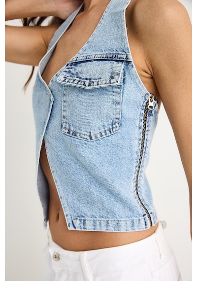 Shade Kadın Boyundan Askılı Dekolte Detaylı Denim Bluz 3433 60283271 - Buz Mavisi