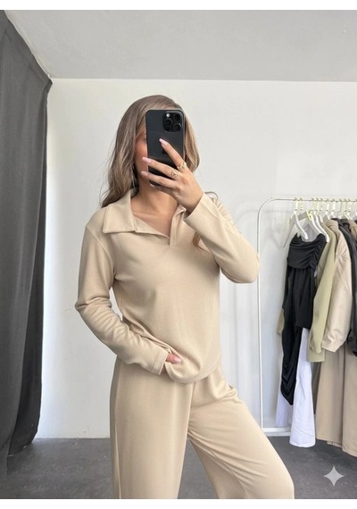 Defymoda Polo Yaka Alt Üst Kollu Modal Takım Bej Pt Bej Defymoda Polo Yaka Alt Üst Kollu Modal Takım Bej Pt Bej
