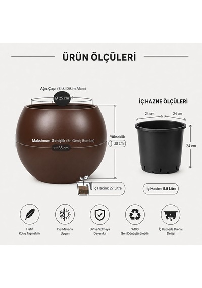 Dekoratif Saksı 27l Kahverengi Küre Tasarım, Beton Görünümlü Modern Dekorasyon Objesi