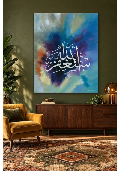 Fida Mavi Mor Yağlı Boya Fonda Estağfirullah Canvas Tablo Çok Renkli
