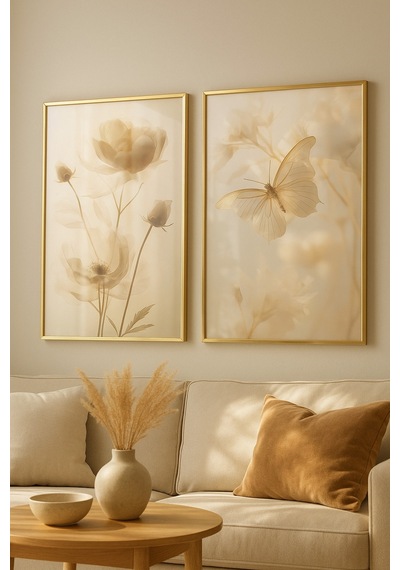 Auré Gerçek Cama Baskı Gold Alüminyum Metal Çerçeveli 2'li Modern Tablo
