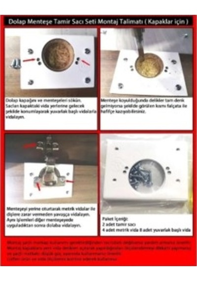 2 Adet Dolap Kapağı Menteşe Tamir Sacı Seti Metrik Ve Sunta Vidaları Ile 2 Adet