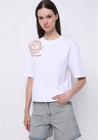 Colins Regular Fit Yuvarlak Yaka Nakışlı Kadın Beyaz Kısa Kol Tişört Cl1074363 Q1.v1 Wht Beyaz