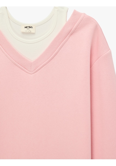 Koton Katmanlı V Yaka Uzun Kollu Pamuklu Şardonlu Sweatshirt Pembe 7wkg10051ak Gül