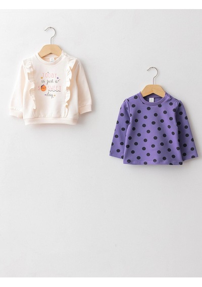 LC Waikiki Lcw Baby Ekru Bisiklet Yaka Uzun Kollu Pamuklu Kız Bebek Sweatshirt 2'li Cream