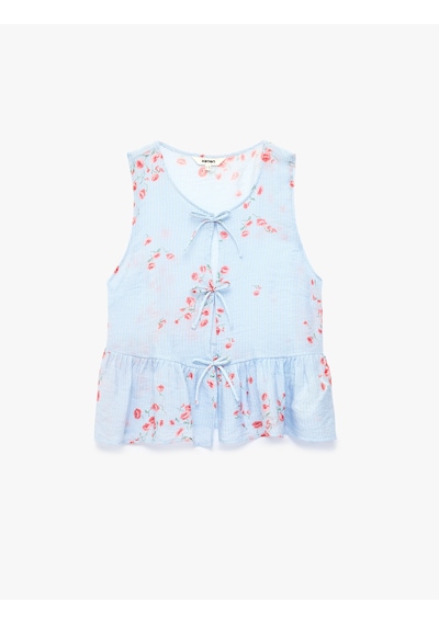 Koton Yuvarlak Bağcıklı Yaka Fiyonklu Kolsuz Çizgili Çiçekli Fırfırlı Peplum Bluz Pembe Desenli 6sak60255ew