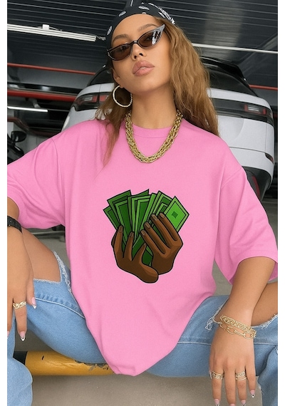 Unisex Siyah Oversize Baskılı Tshirt Pembe