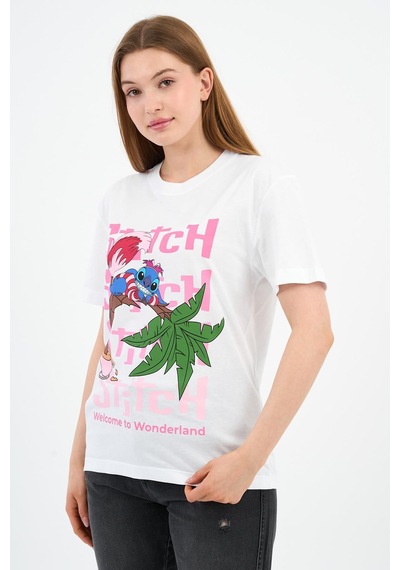 Bisiklet Yaka Baskılı Pamuklu T-shirt B23-ts Beyaz