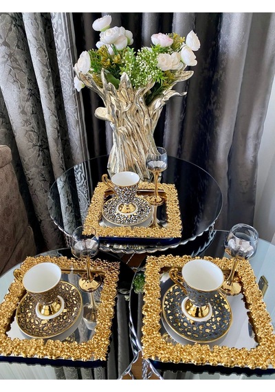 Atabey Home Collection 4 Adet Kahve & Çay & Sunum Tepsisi Metal Döküm Full Döküm Model