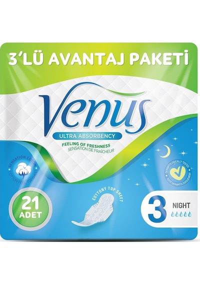Venüs Hijyenik Ped Gece 21 Adet (3 Paket)