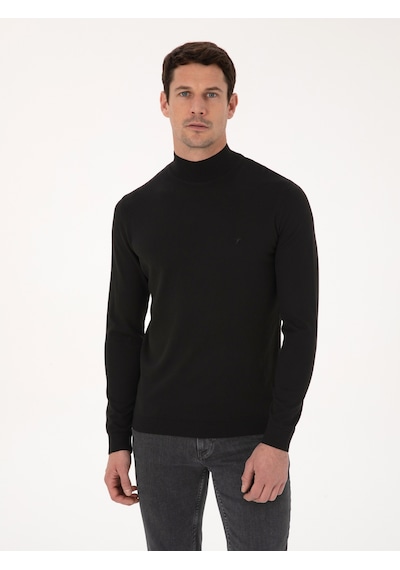 Cacharel Siyah Slim Fit Pamuk Karışımlı Yarım Balıkçı Yaka Basic Triko Kazak