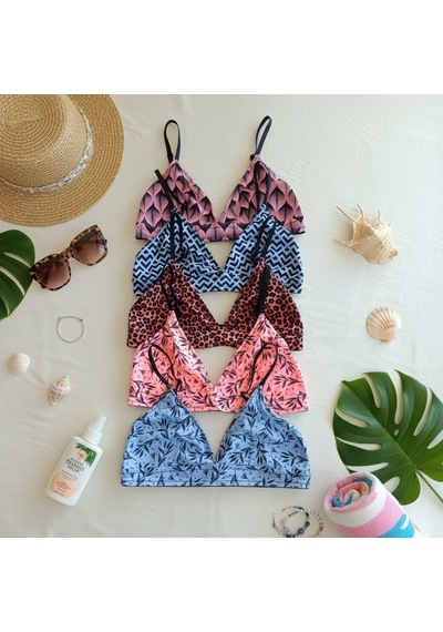 Bonbon Kadın Balensiz Desteksiz Üçgen Bralet 5 Renk 5'li Paket Leopar Mavi Pembe Çiçek Geometri Desenli Sütyen Bb2818 Desen1
