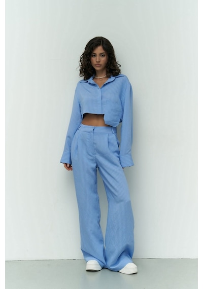 Mai Collection Mai Studios Co. Valente Mavi Crop Gömlek Pantolon Takım Mavi